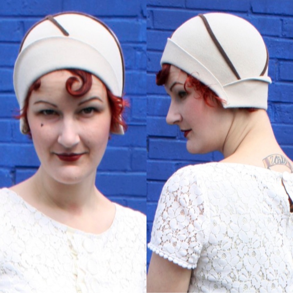 1920s Style Wool Felt Cloche Bell Hat with Brown Detailing